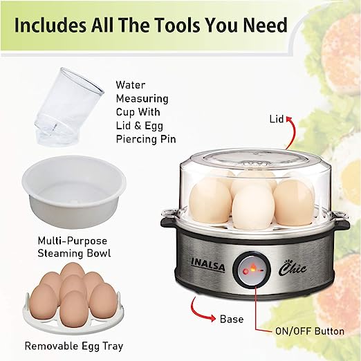 Inalsa Chic Instant Egg Boiler, 360 Watts, Steel Base, Food Grade BPA Free Lid, 1-7 Eggs, Double Safety, Adjustable degree of hardness, Indicator Light, Water Measuring Cup, (Black/Silver) Inalsa Chic Instant Egg Boiler, 360 Watts, Steel Base, Food Grade BPA Free Lid, 1-7 Eggs, Double Safety, Adjustable degree of hardness, Indicator Light, Water Measuring Cup, (Black/Silver)